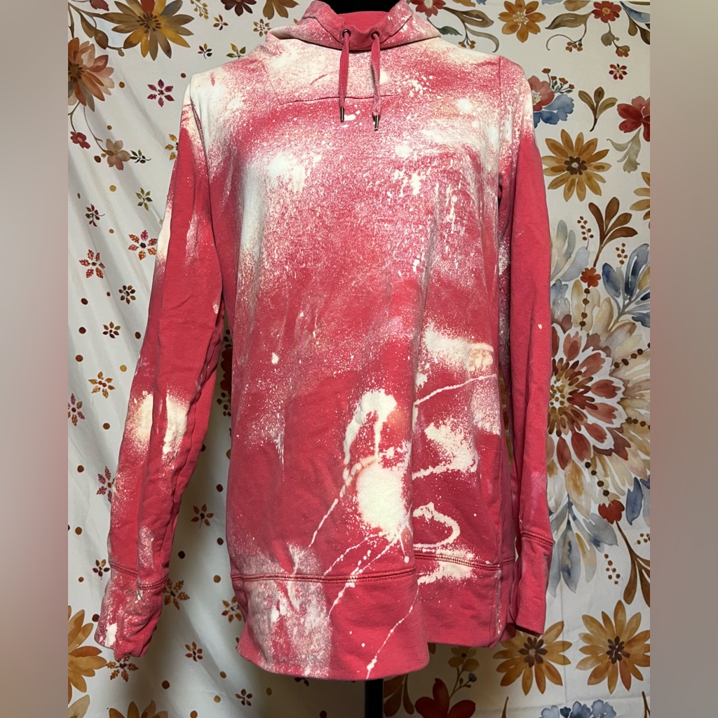 L.L. Bean M Bleach Dye Grunge Orange Funnel Neck Pullover Hoodie Fall Travel